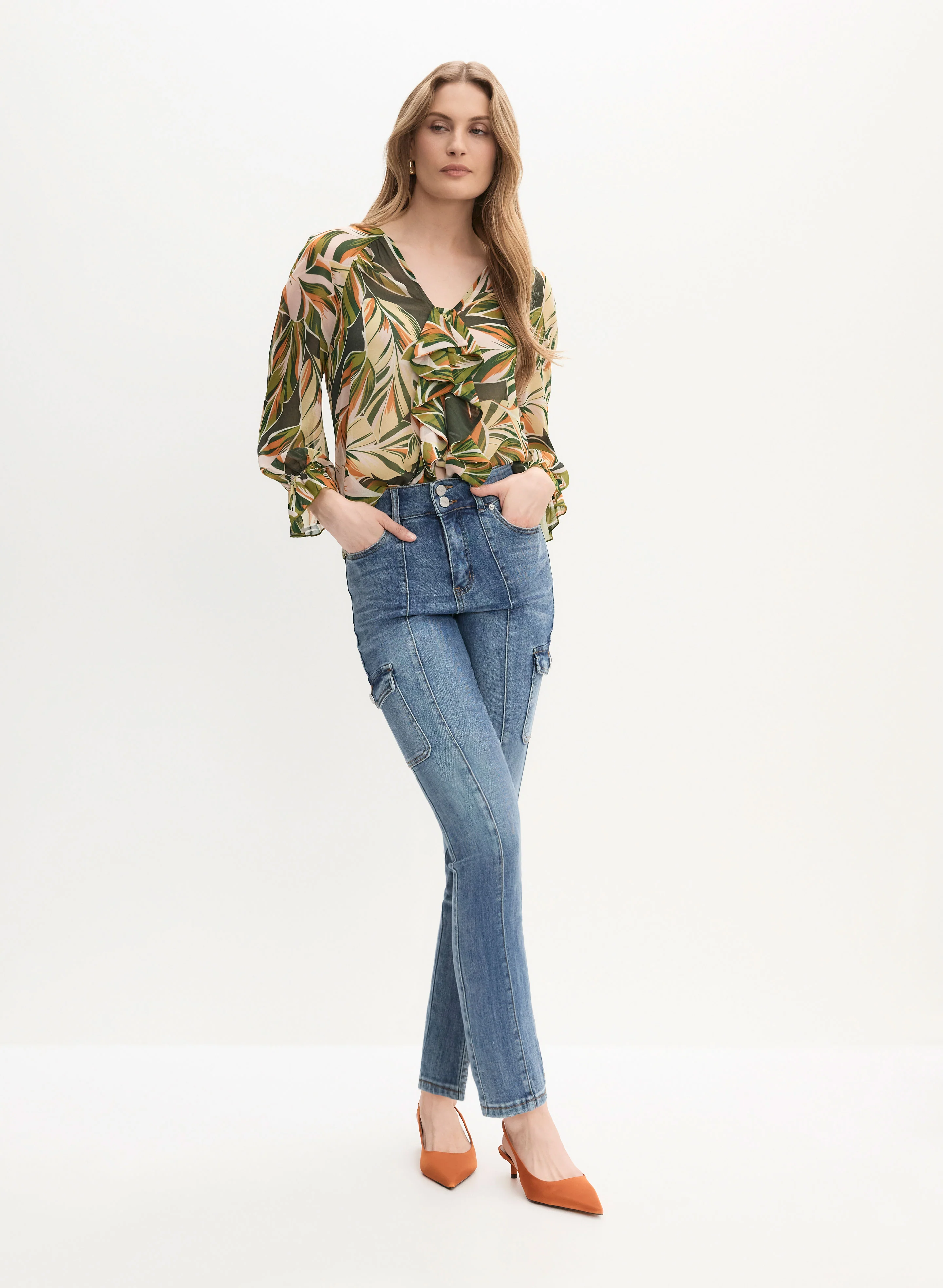 Ruffle Front Blouse & Slim Leg Cargo Jeans