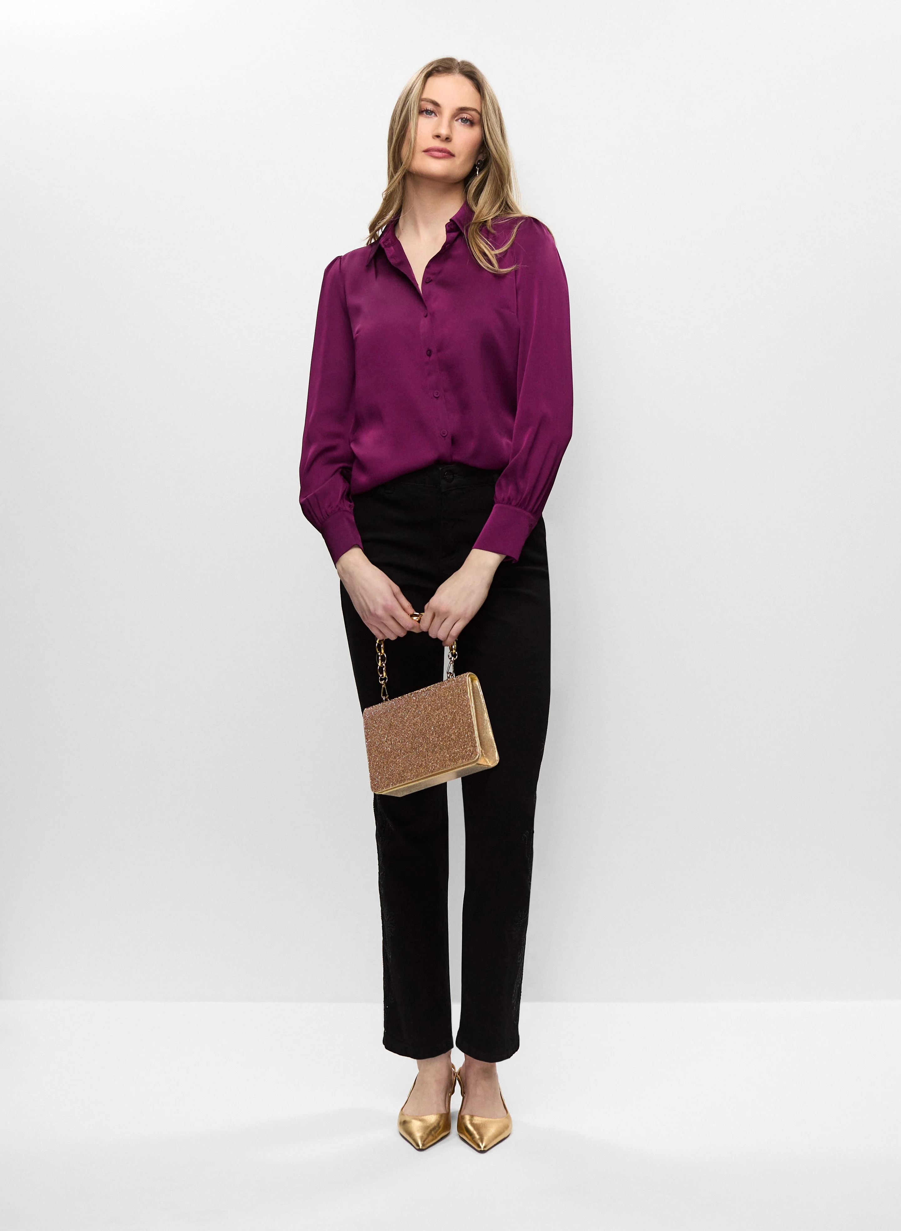 Satin Blouse & Embroidered Jeans