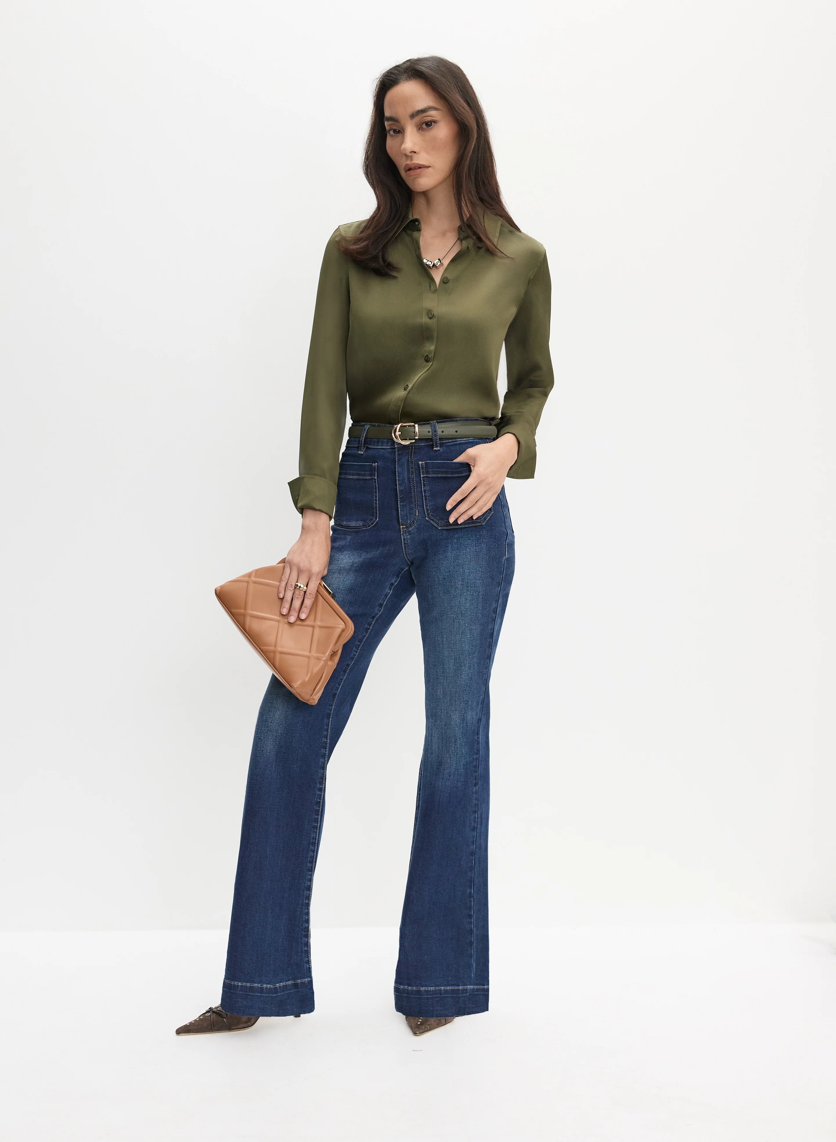 Satin Blouse & Flare Leg Jeans