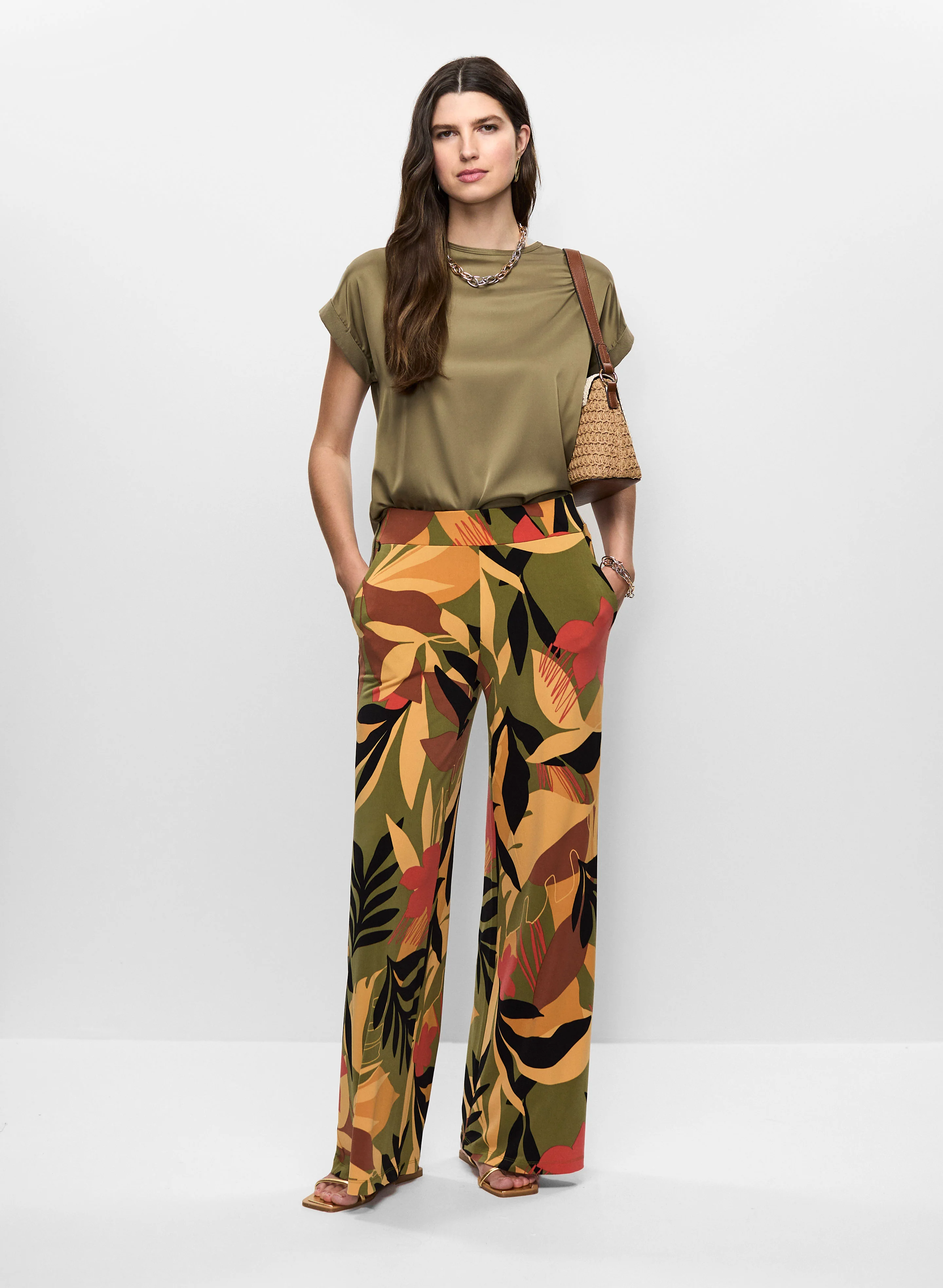 Satin T-Shirt & Tropical Print Flare Leg Pants