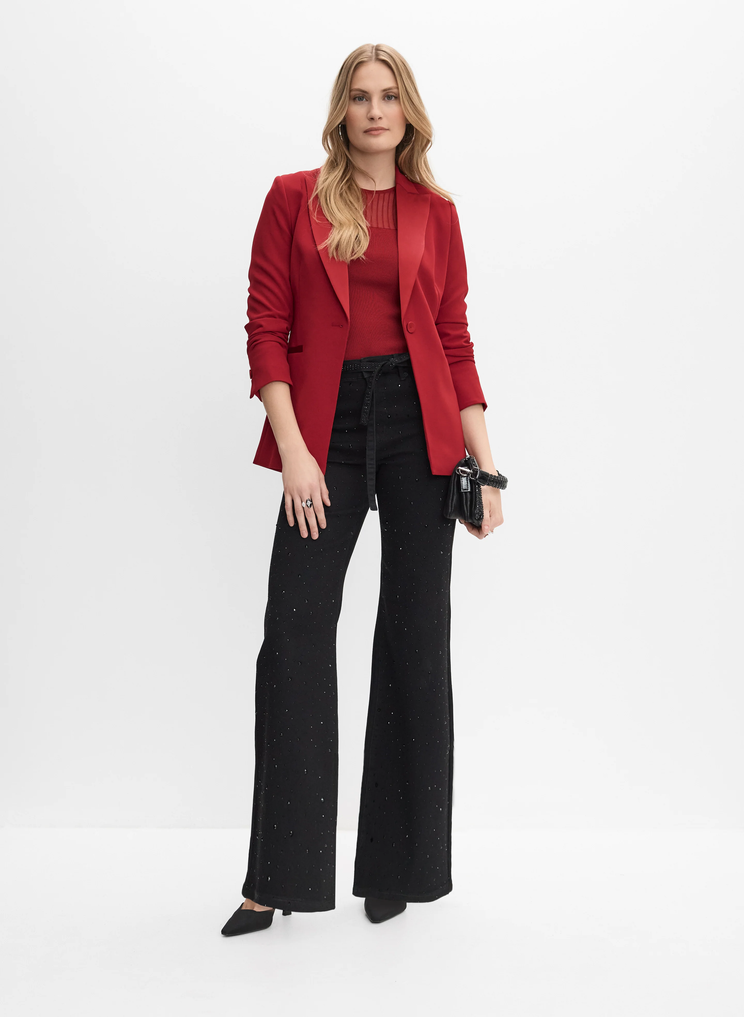 Satin Trim Blazer & Tonal Embellished Belted Jeans