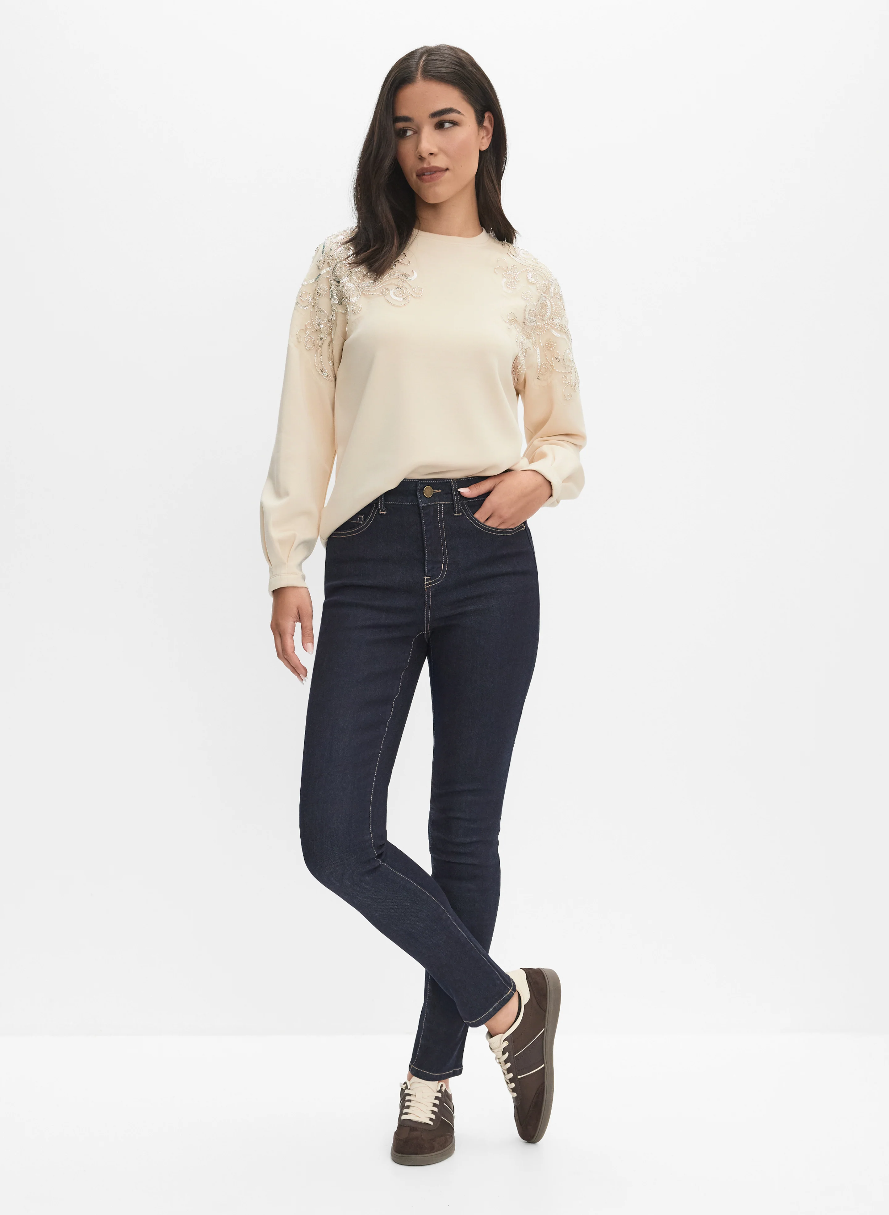 Sequin Embellished Sweatshirt & Slim-Leg Jeans