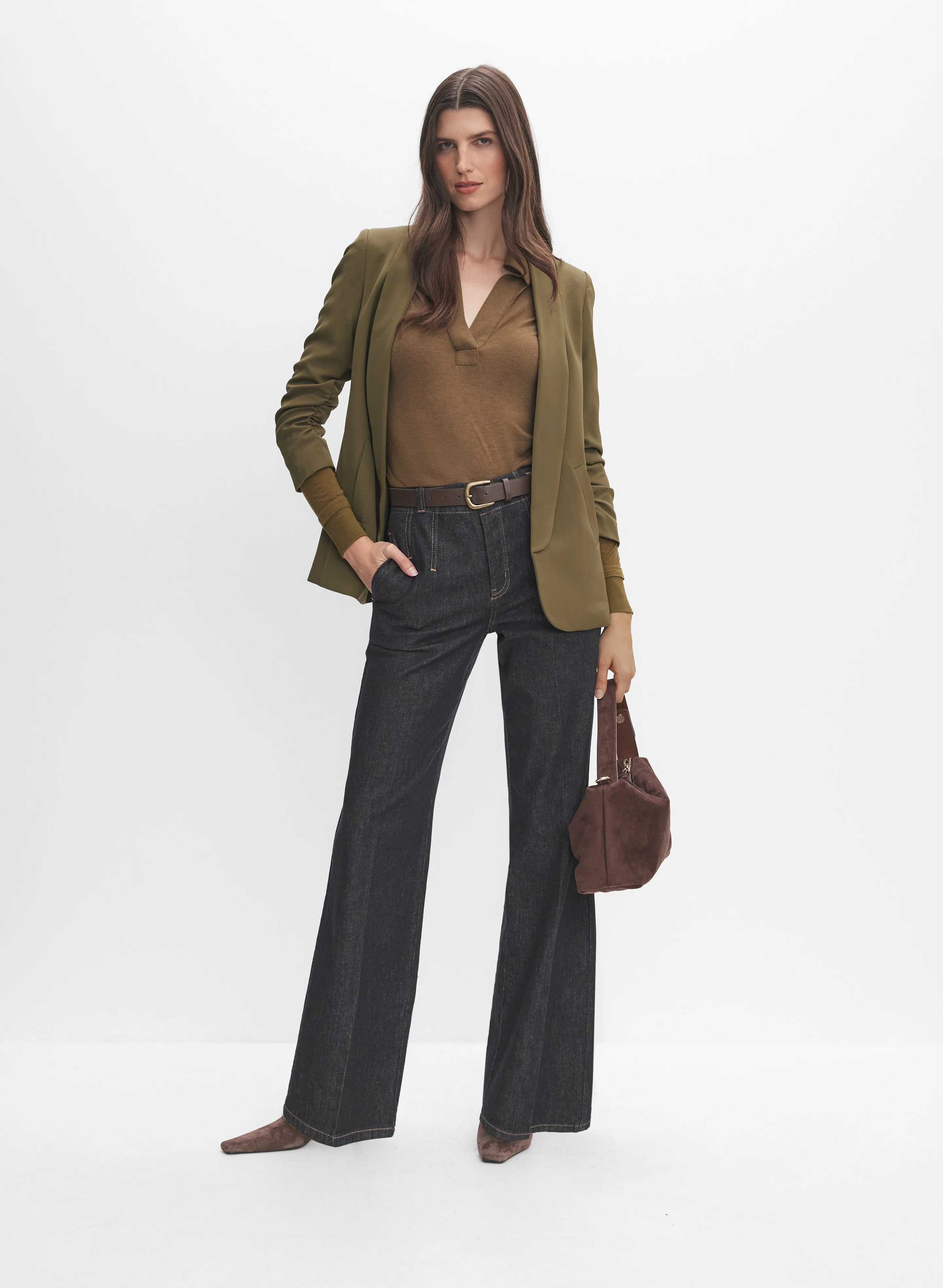 Shawl Collar Blazer & Belted Wide-Leg Jeans