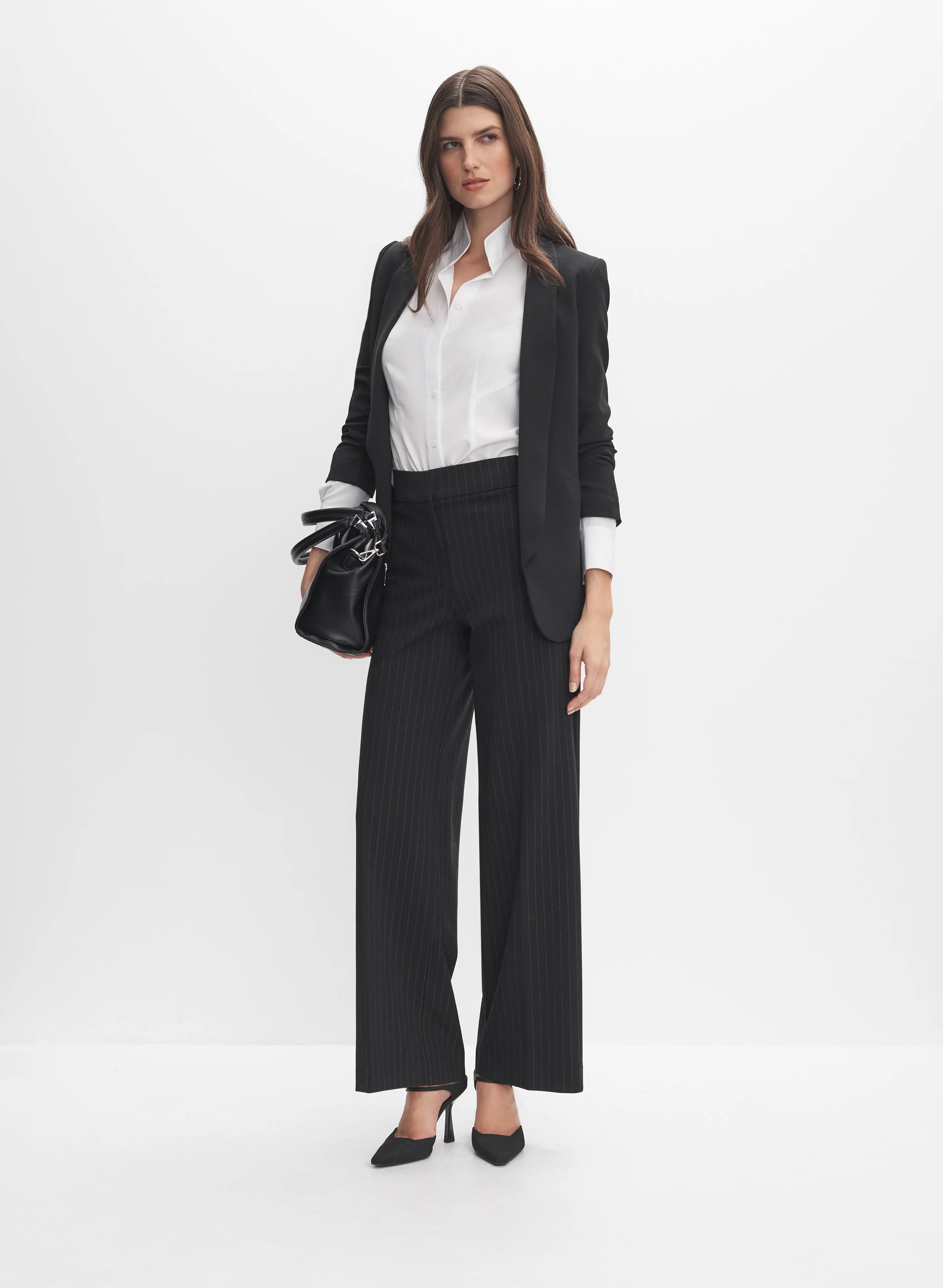 Shawl Collar Blazer & Pinstripe Wide-Leg Pants