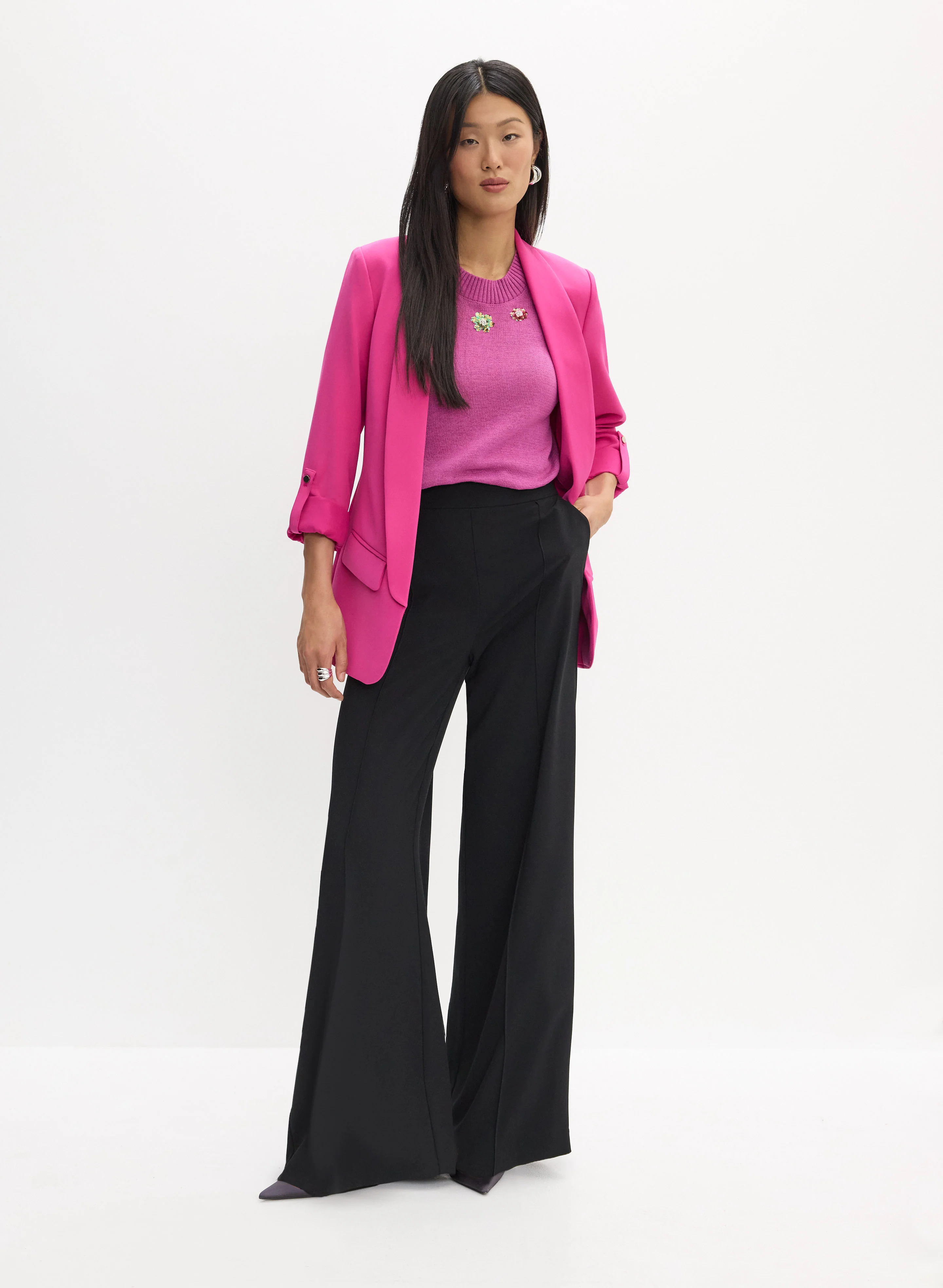 Shawl Collar Open Jacket & Wide Leg Pants