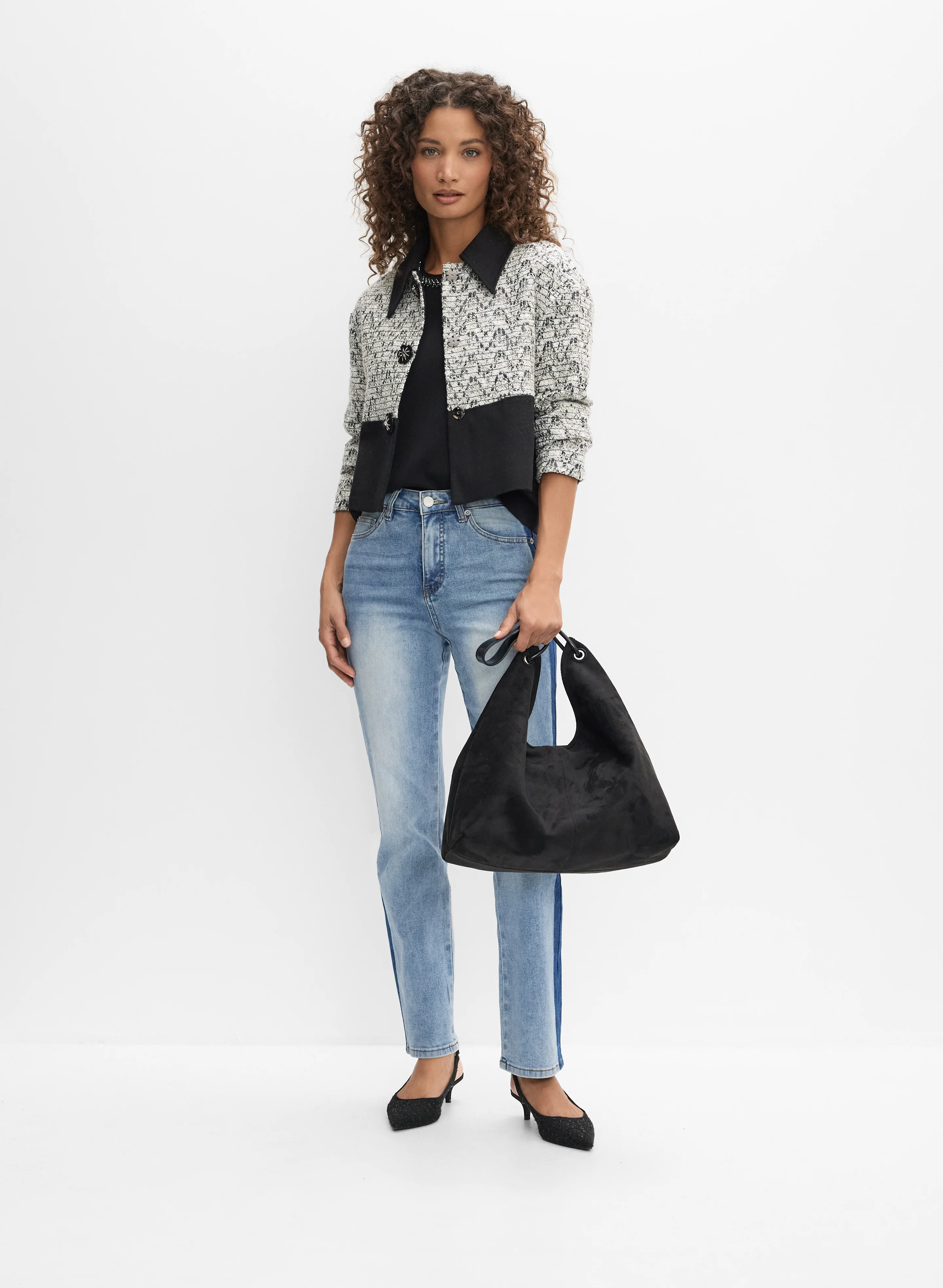 Short Tweed Jacket & Washed Seam  Straight-leg Jeans