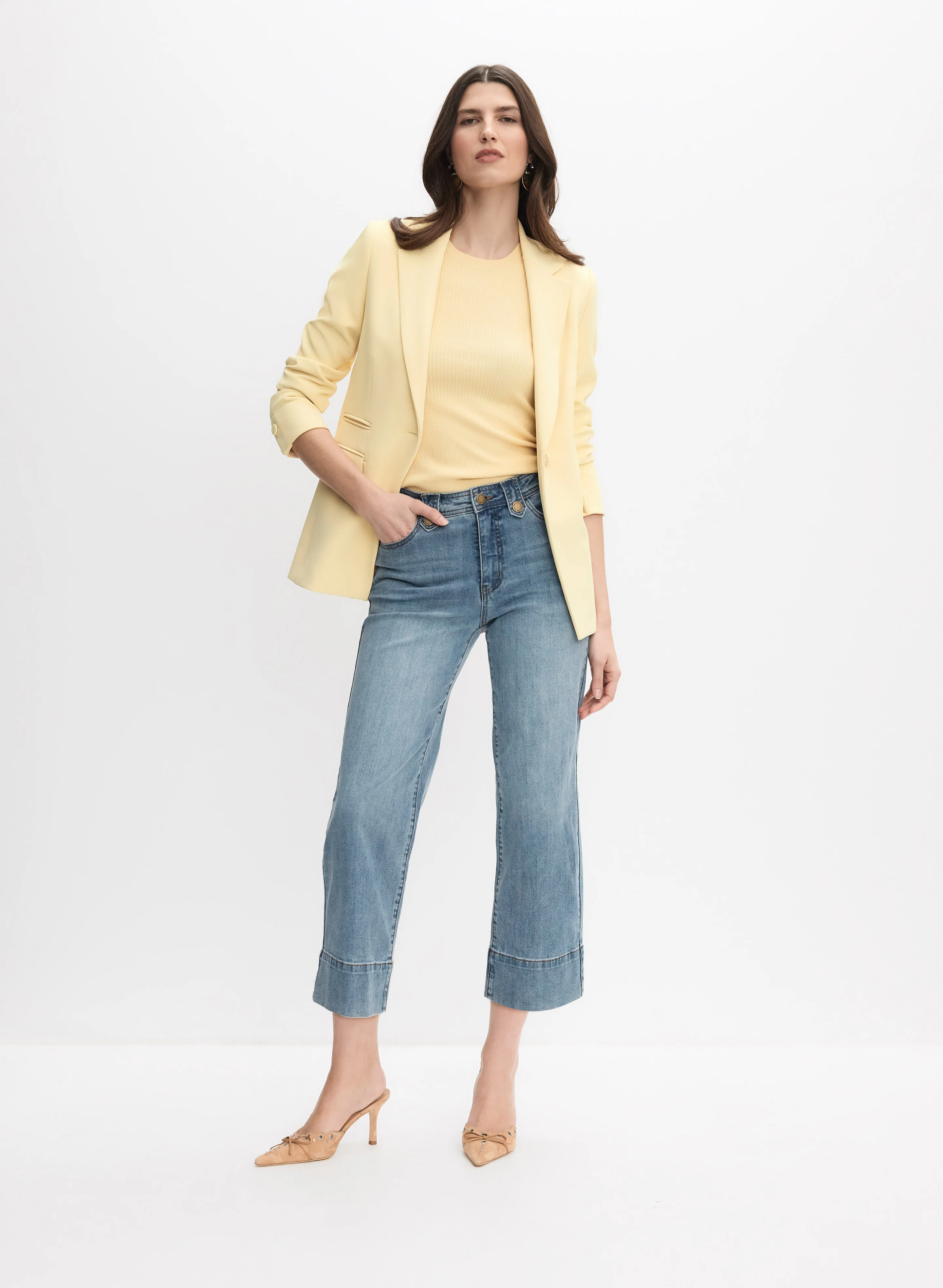 Single-Button Blazer & Denim Culottes