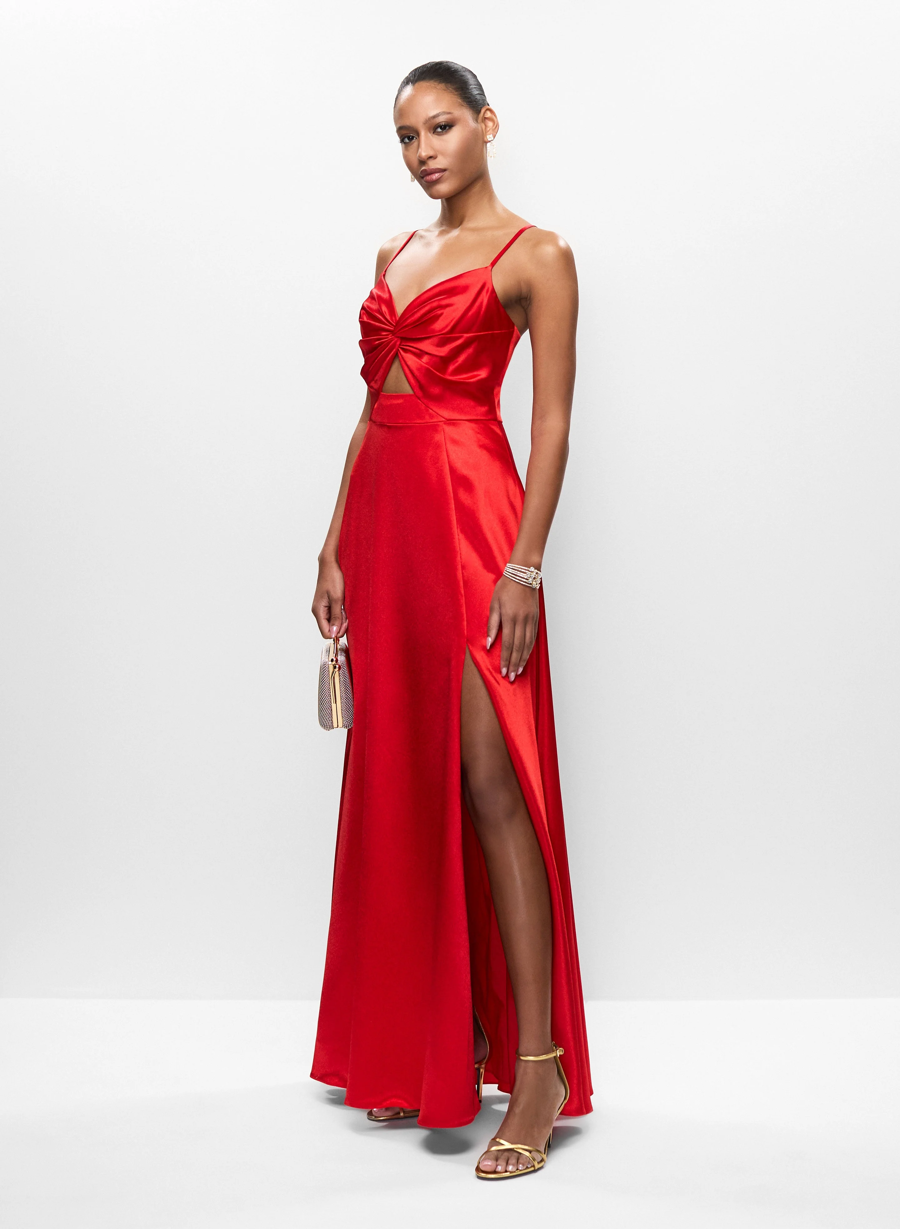 Slit Satin Dress & Trapeze Clutch