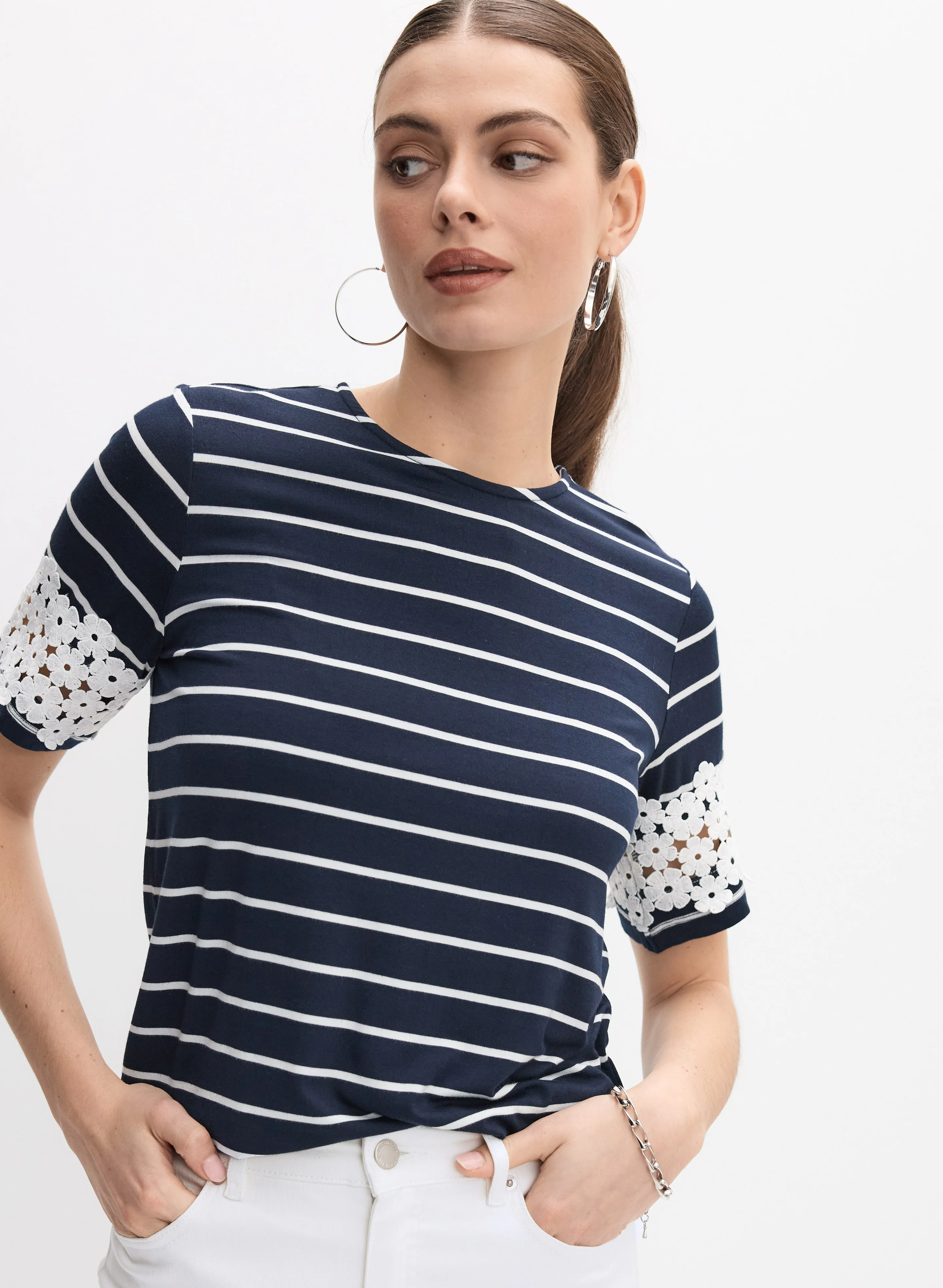 Stripe & Lace Detail T-Shirt