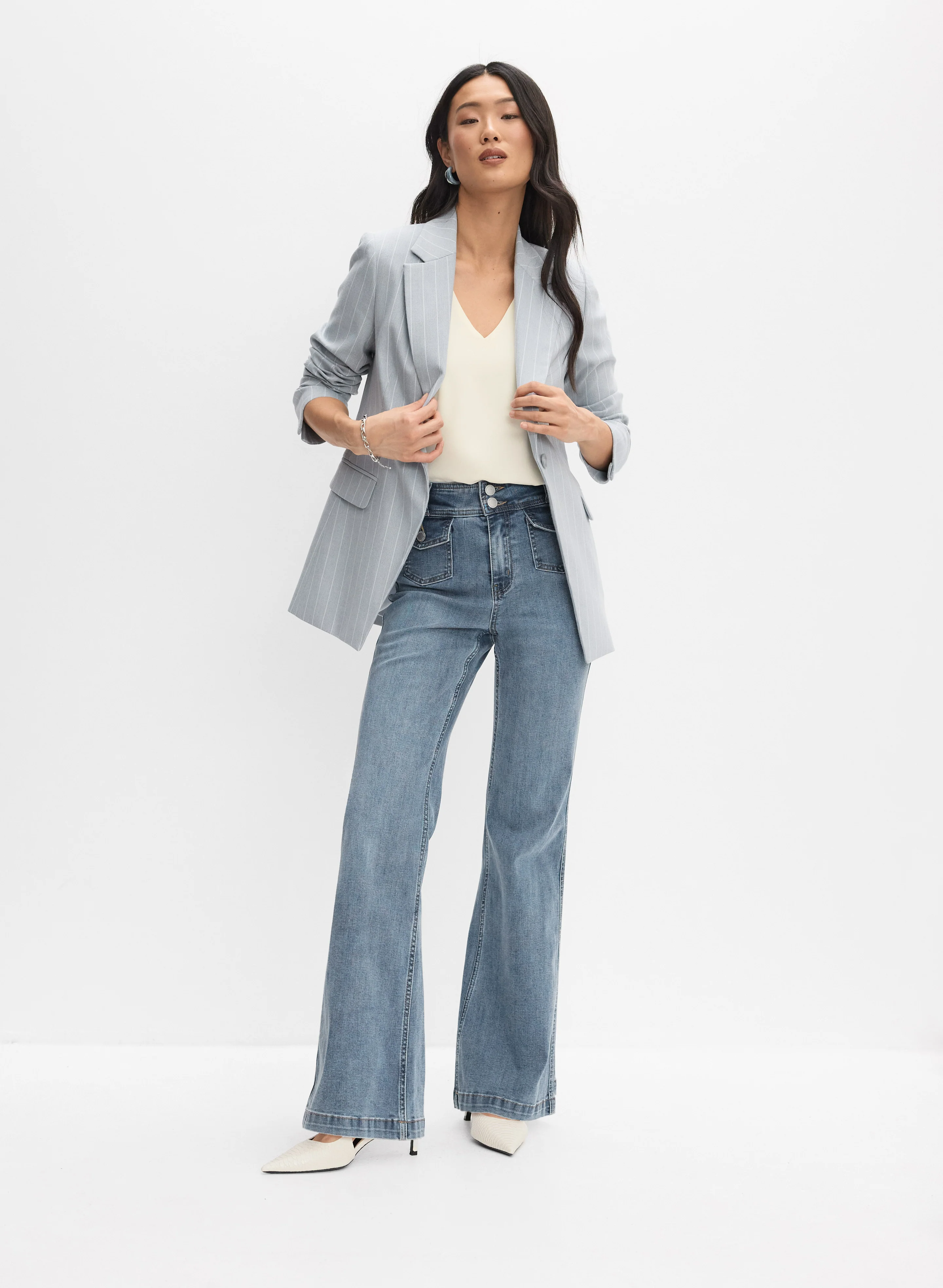 Long Stripe Blazer & Flap Pocket Jeans