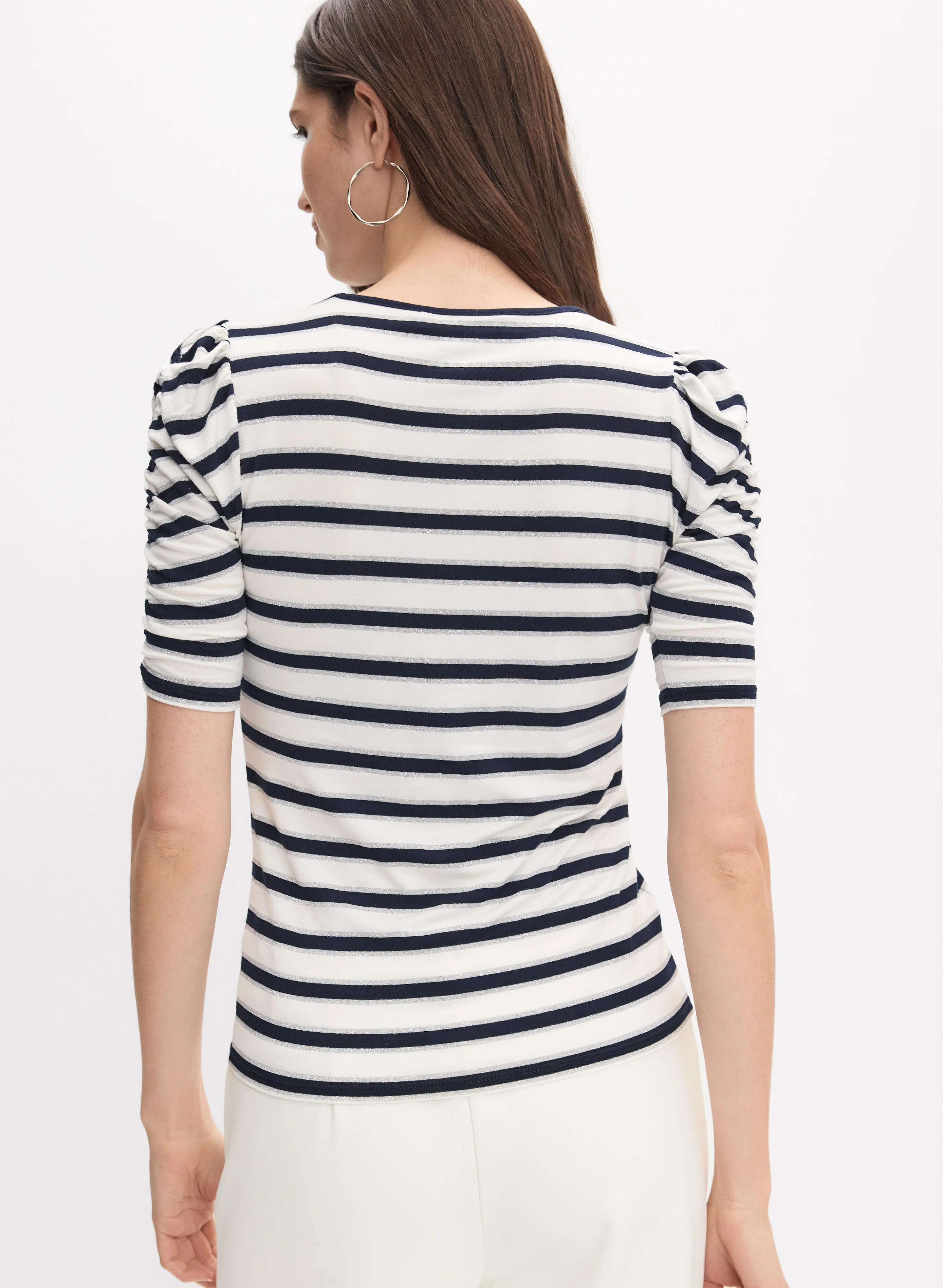 Stripe Ruched Sleeve T-Shirt - Image 4