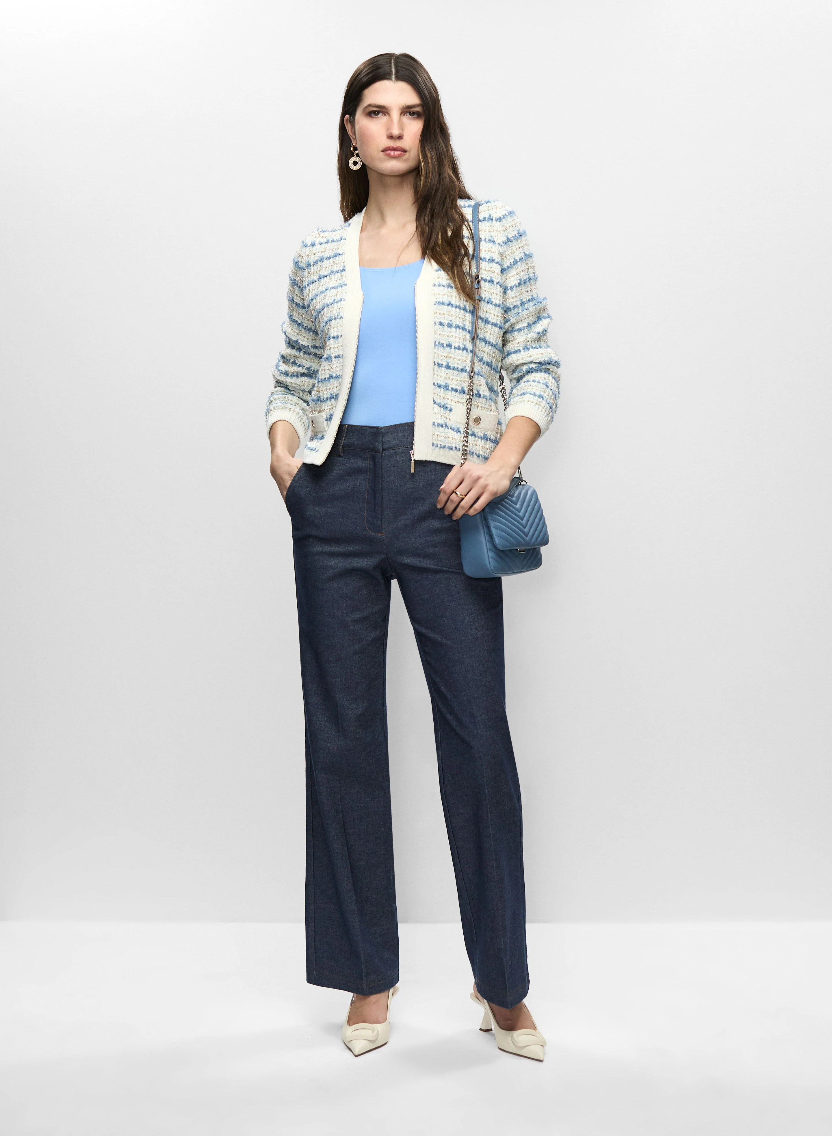 Striped Bouclé Cardigan & Flare Leg Jeans