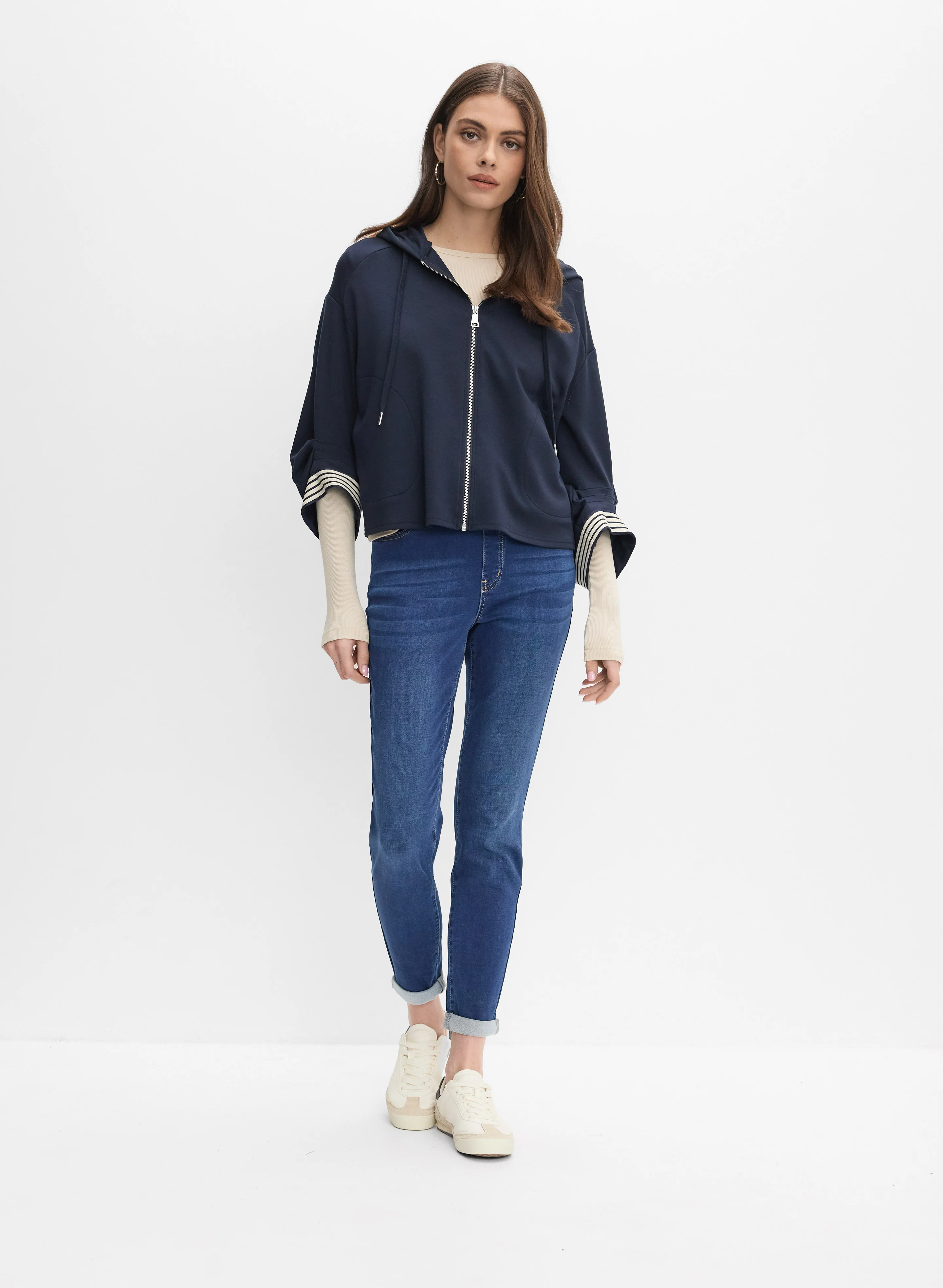 Striped Trim Zip-Up Jacket & Pull-On Knit Jeans