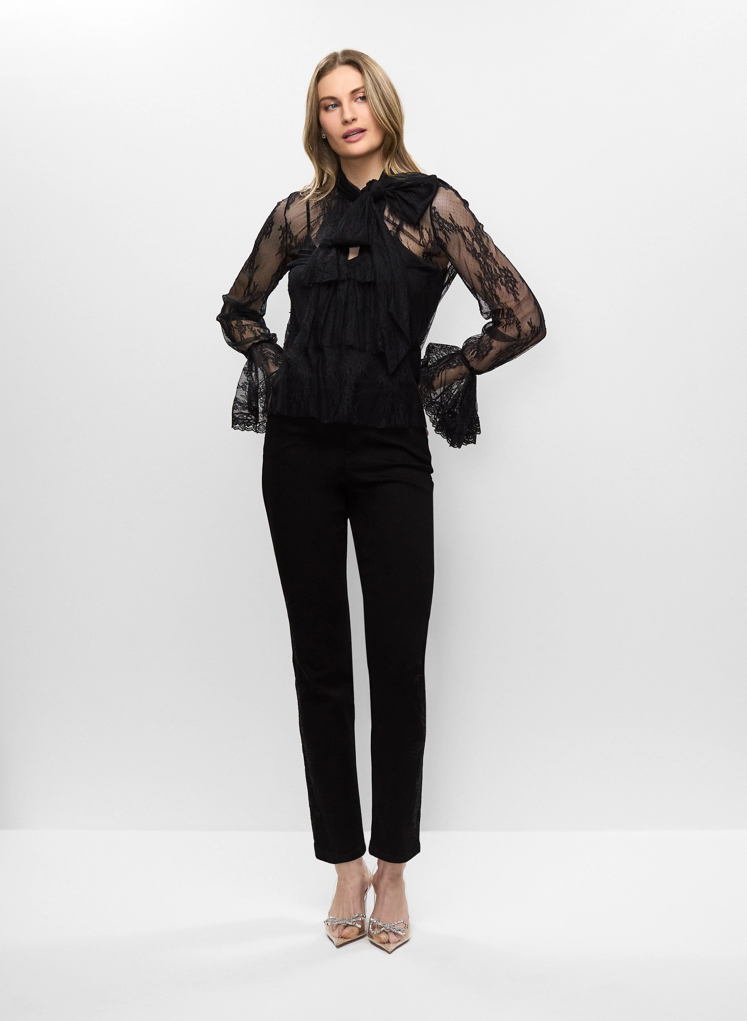 Tie Neck Blouse & Embroidered Jeans