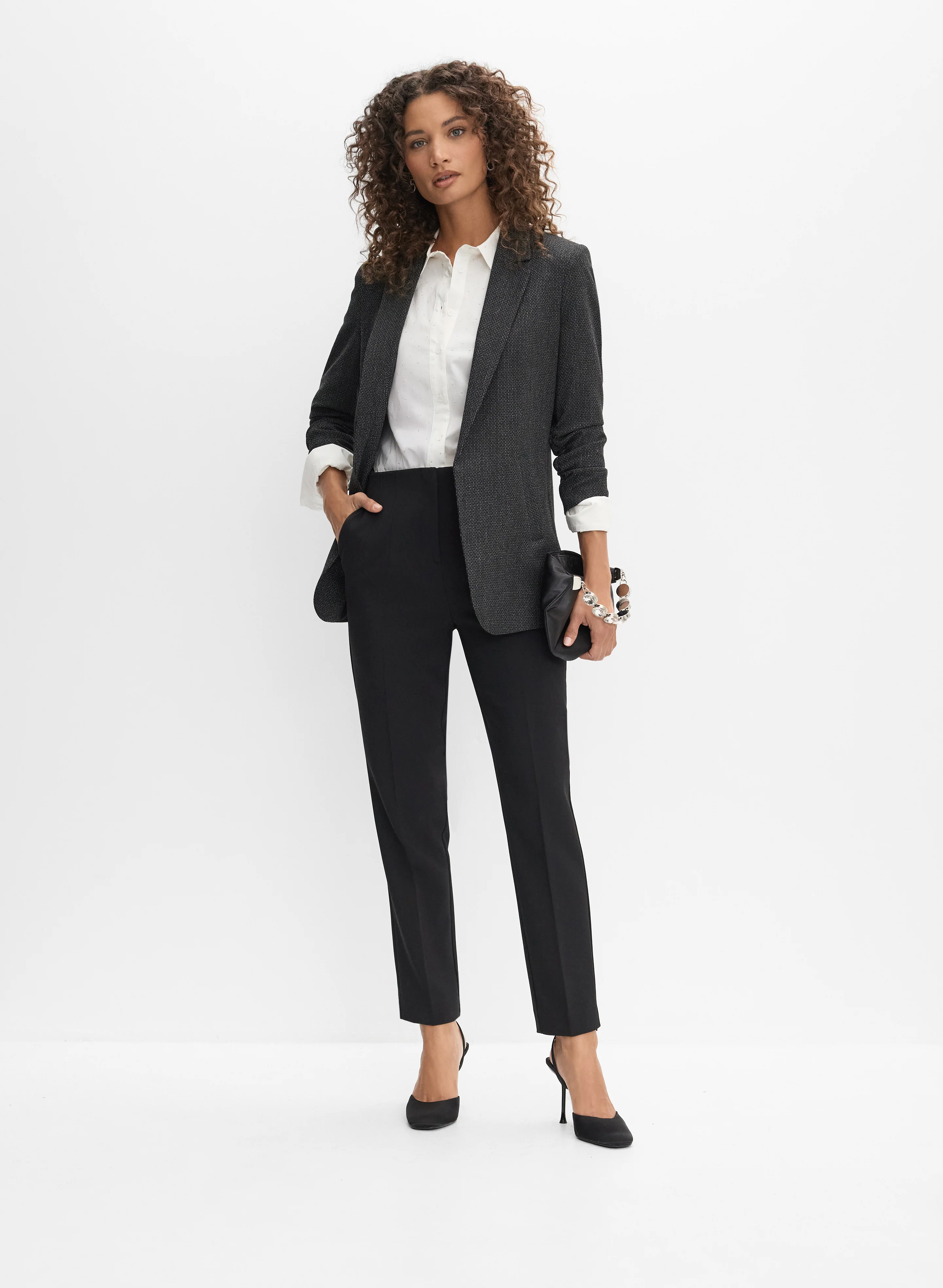 Tweed Ruched Sleeve Blazer & Juliette Slim-Leg Pants