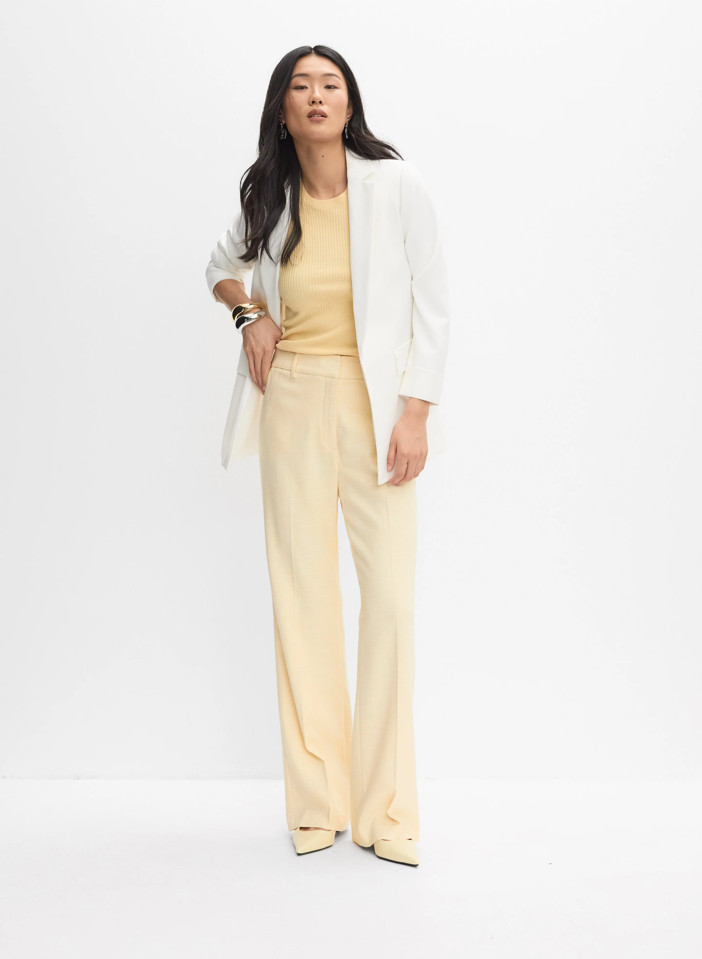 Twill Open Front Blazer & Wide-Leg Trousers