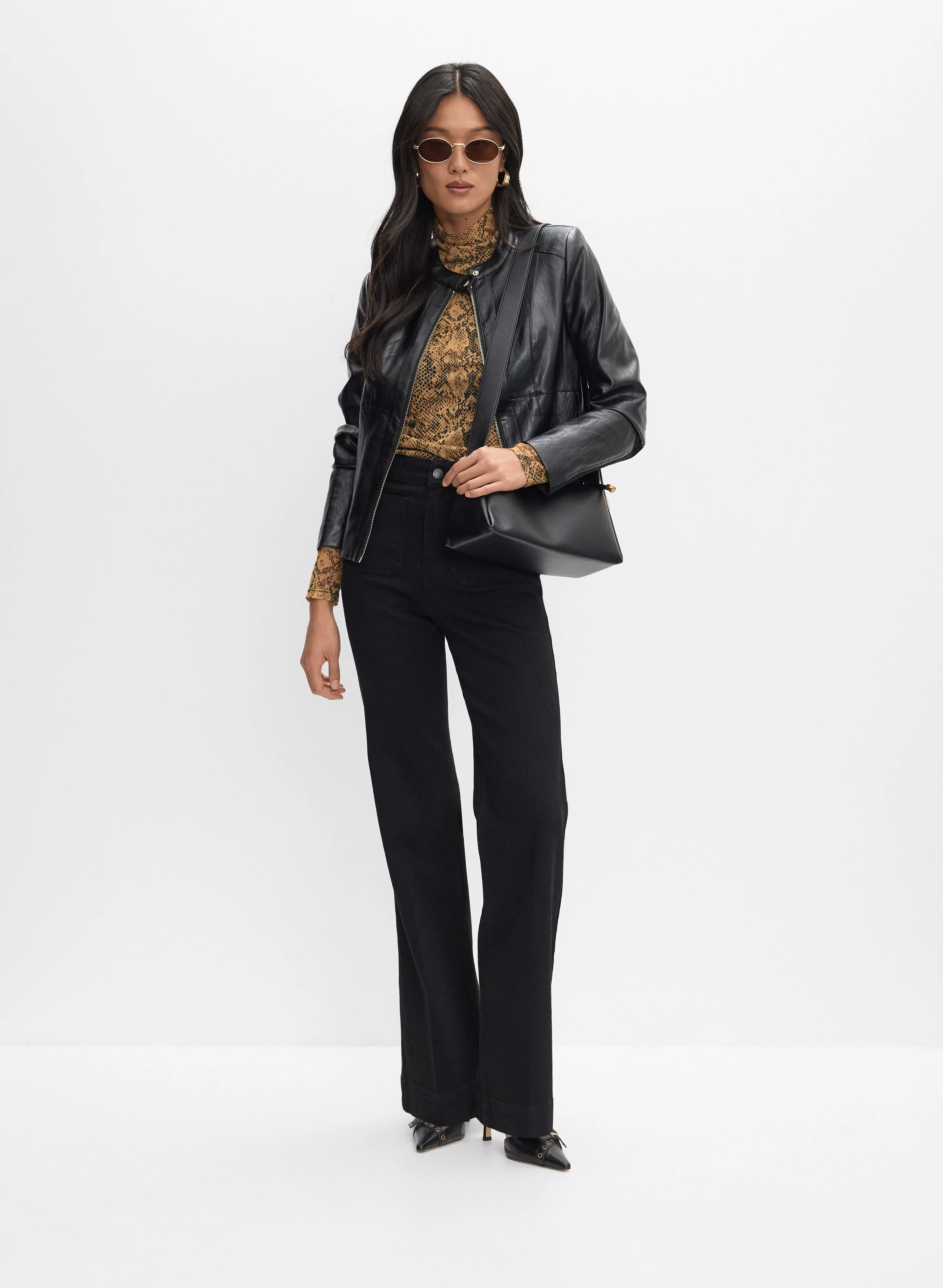 Vegan Leather Jacket & Flare-Leg Jeans