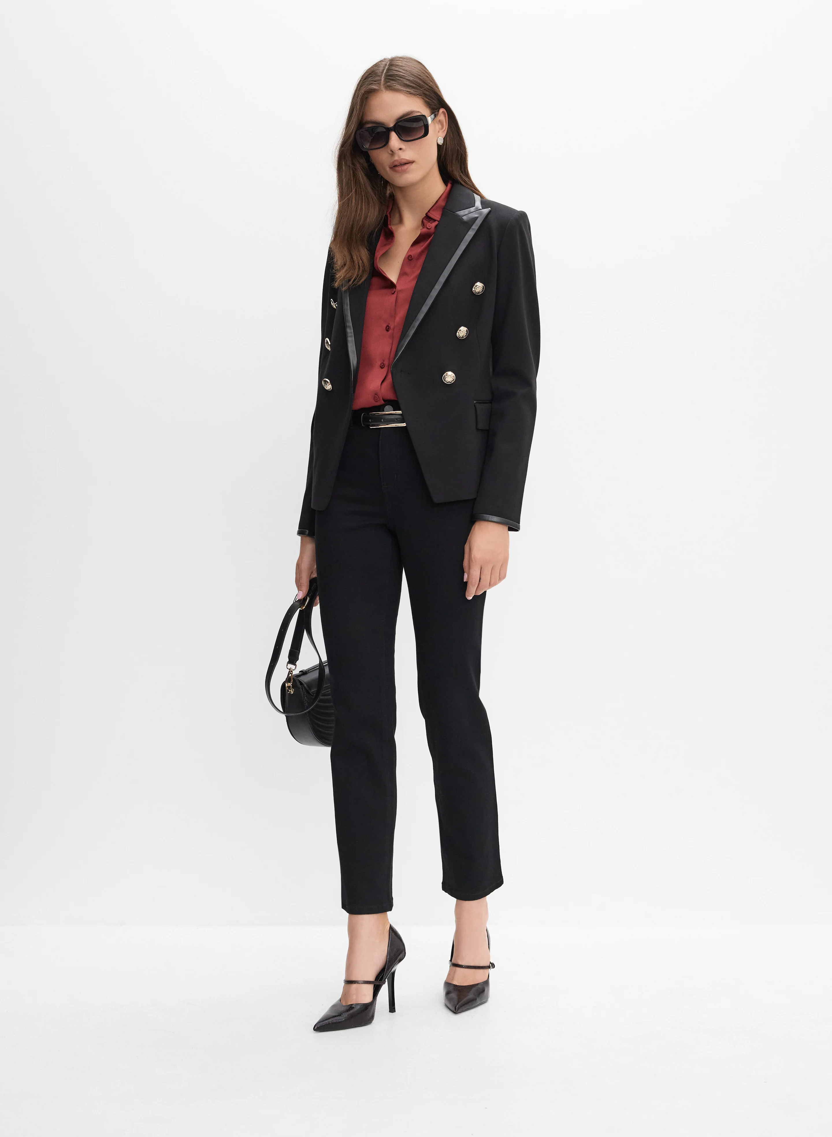 Vegan Leather Trim Blazer & Straight-Leg Jeans