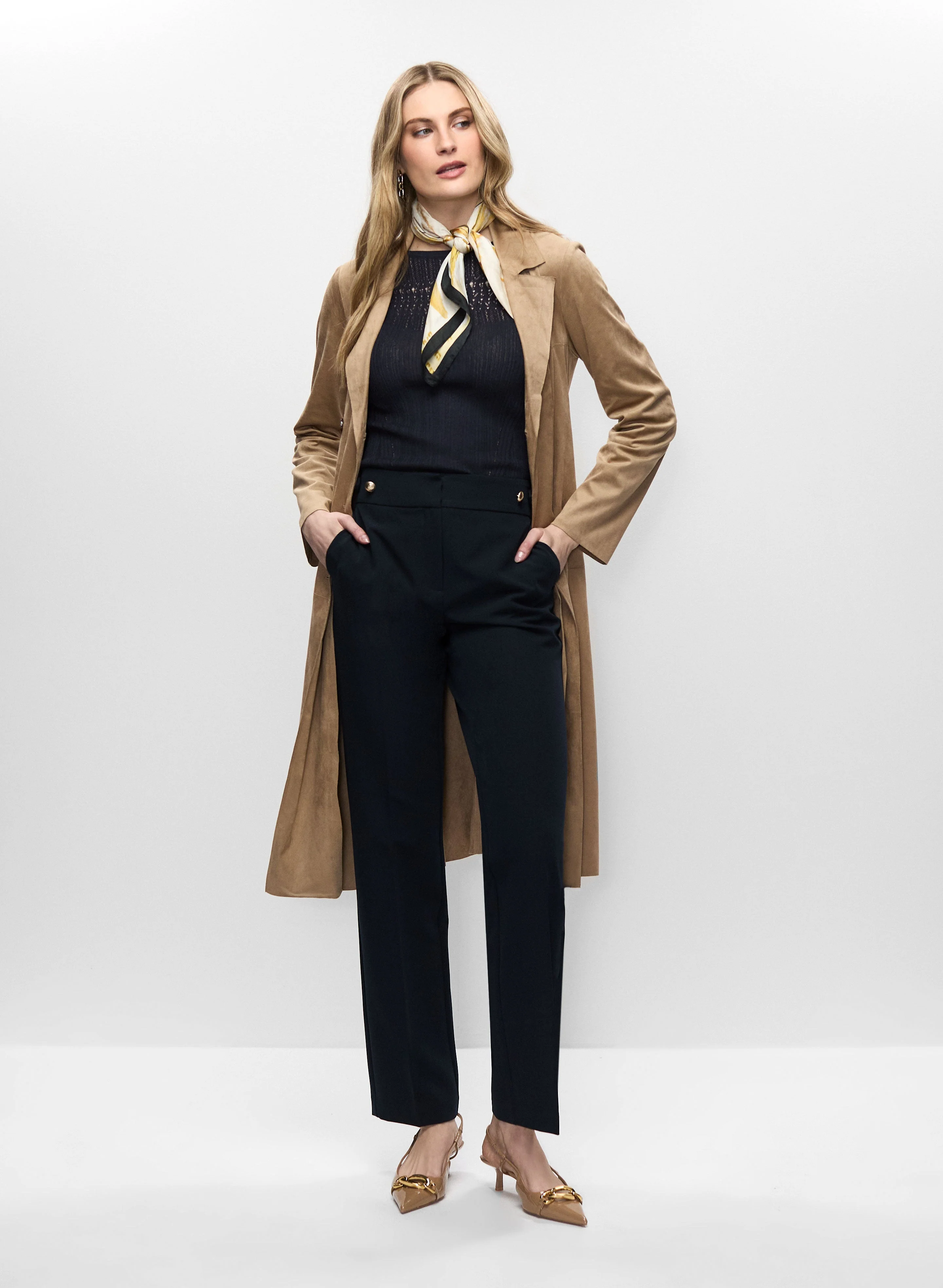 Faux Suede Trench, Pointelle Sweater & Straight Leg Trousers