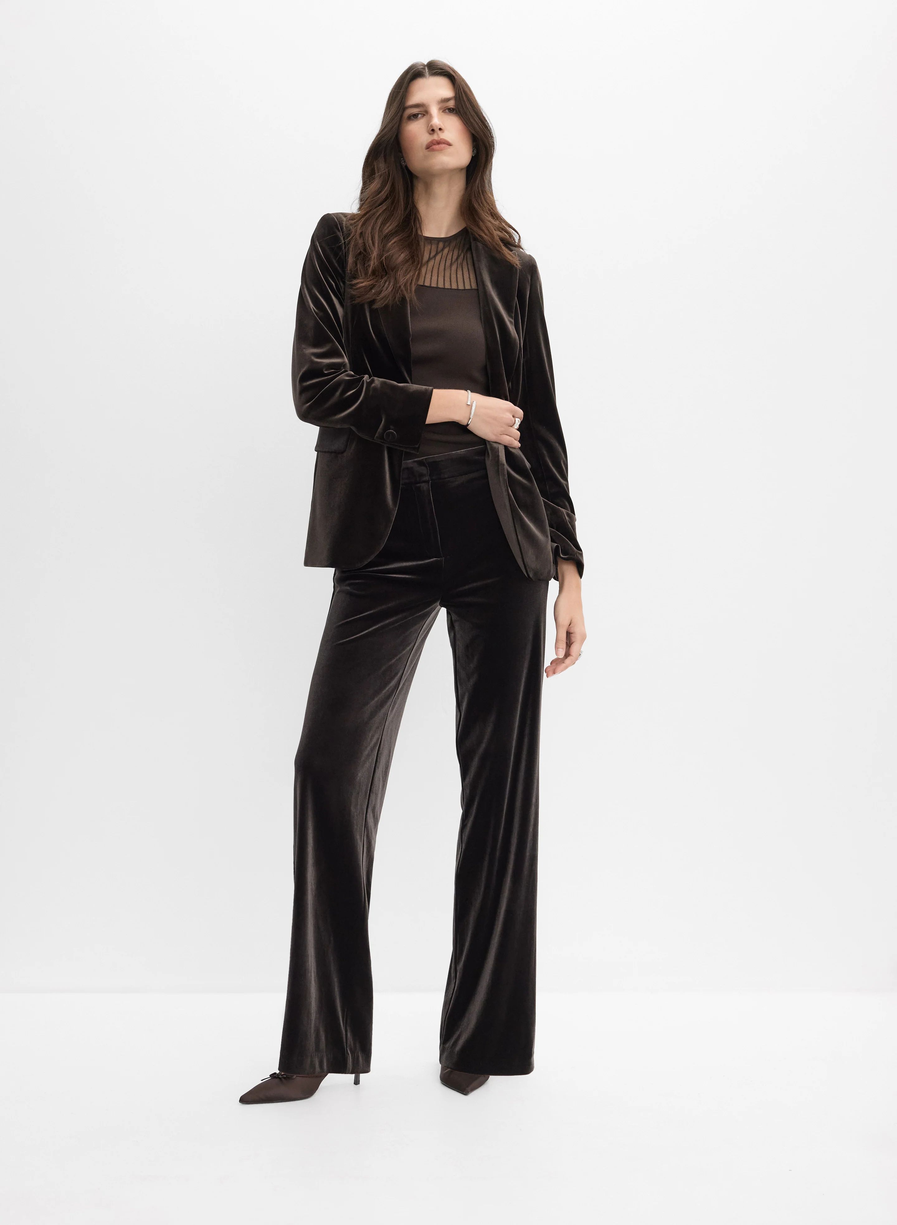 Velvet Notch Collar Blazer & Velvet Wide-Leg Pants